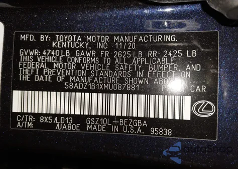 2021 Lexus Es 350 из США, поврежденный, VIN 58ADZ1B1XMU087881